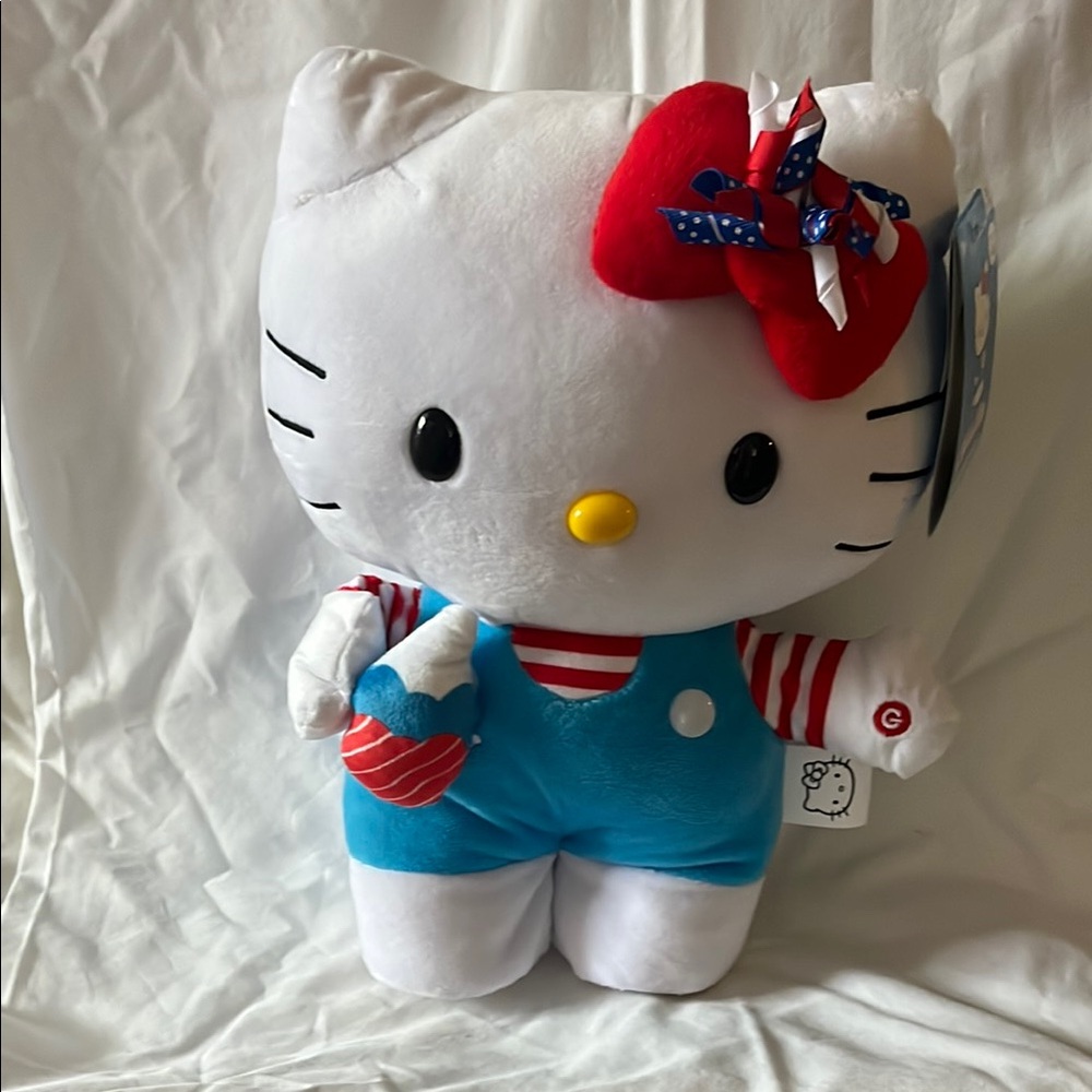 Hello Kitty Plush with Red Bow and Blue Overalls
